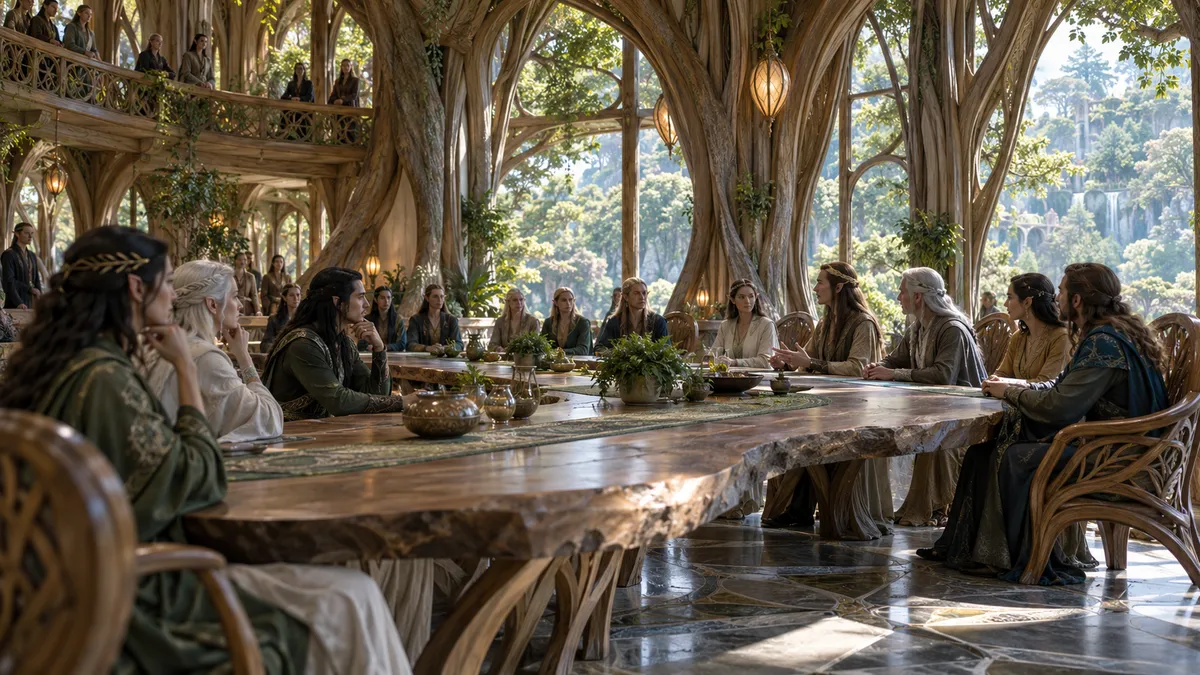 Elven delegates meeting in a living-wood canopy hall.